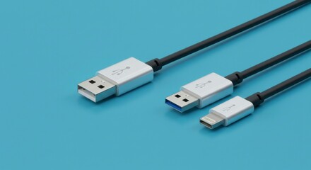 Three USB cables, black braided, with white connectors, USB-A, USB-C, and USB-Micro-B
