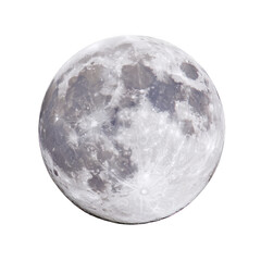 Image shows detailed view of full moon against transparency background, highlighting its craters and surface texture