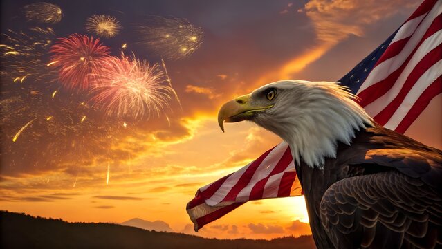 Majestic american bald eagle with patriotic flag and fireworks display at sunset