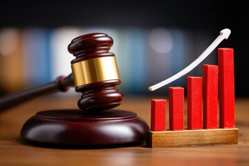 A wooden gavel rests on a table alongside a red bar graph showing increasing trends. This image conveys the relationship between legal matters and economic growth in a contemporary setting.