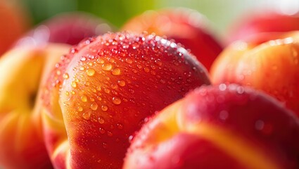 Close-up of fresh peaches with dew drops in natural sunlight National Peaches and Cream Day
