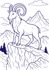 Mountain goat standing on cliff in black and white line art
