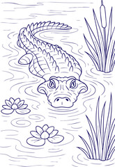 Alligator in swamp water with lilies and reeds line art illustration