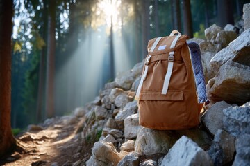 A backpack is positioned on a rocky surface within a serene forest. Sunlight filters through the trees, creating a peaceful atmosphere ideal for hikers and nature enthusiasts exploring trails.
