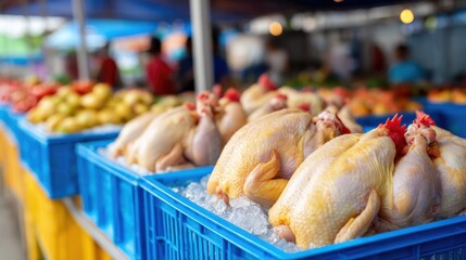 Rows of whole chickens are arranged on ice in blue baskets at a bustling outdoor market. Shoppers browse around the colorful stalls filled with fruits and vegetables, creating a vibrant atmosphere.