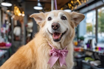 A cheerful golden retriever wearing a pink bow happily poses in a pet grooming salon filled with lively decorations.