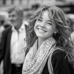 A joyful young woman with curly hair smiles brightly while wearing a decorative scarf. The atmosphere is lively, filled with bustling people and urban scenery in the background.