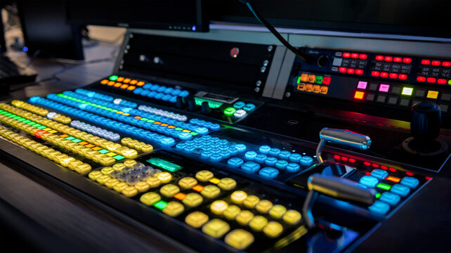 Control panel for video production. Mixer console with glowing RGB buttons in the dark.