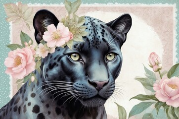 Majestic black leopard adorned with flowers in a colorful and artistic setting