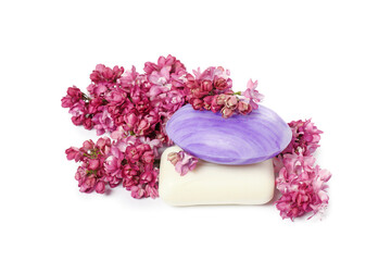 Naklejka premium Soap bars and lilac flowers isolated white