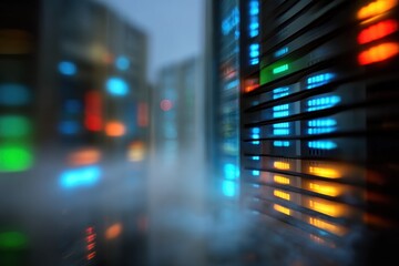A high-tech data center is depicted with servers lined up, their lights flashing in various colors. The atmosphere is dimly lit yet vibrant, emphasizing the activity of data processing and storage.