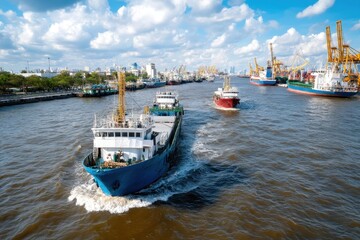 Several ships move through a bustling river in a coastal city, showcasing vibrant colors and activity. The bright sky is dotted with clouds, adding to the lively atmosphere.