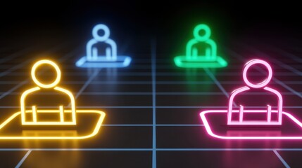 Neon outlines of four digital avatars are positioned on a glowing grid, visually representing a virtual gathering.