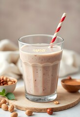 Nut protein drink is a smoothie in a glass glass with a straw. A fitness supplement. Front view.