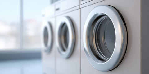 Row of front-loading washing machines in a laundromat setting. Laundry, machinery, cleanliness, modern appliances, rows, washing