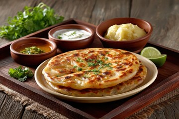 Aloo paratha with yogurt mashed potatoes and chutney