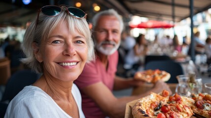 A middle-aged couple enjoying a meal outdoors at a restaurant.