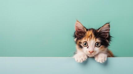 Curious kitten peeking over a pastel backdrop