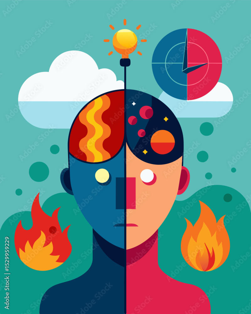 Poster overlapping realities causing dissonance within the mind as contradictory thoughts clash.. vector il
