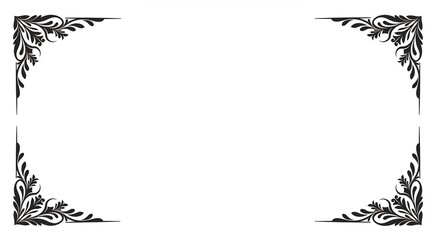 Set of four black vintage corner accents with delicate leafy floral scrollwork and pointed ends. Classic frame elements for elegant wedding invitations, certificates, or stylish card designs.