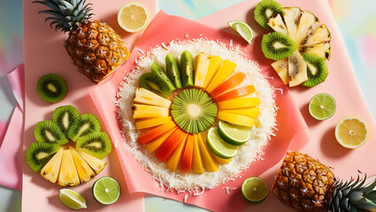 A vibrant and refreshing tabletop arrangement of sliced tropical fruits, set against a soft, pastel-toned background evoking the feeling of a spring or summer holiday. The fruits, including pineapple