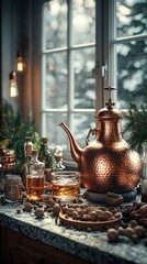 Copper teapot, glass, nuts by a window