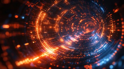 Obraz premium Abstract digital artwork with futuristic technology background. Geometric curve lines, circles, dots create tech, corporate network design. Glowing neon rings, data visualization illustration.