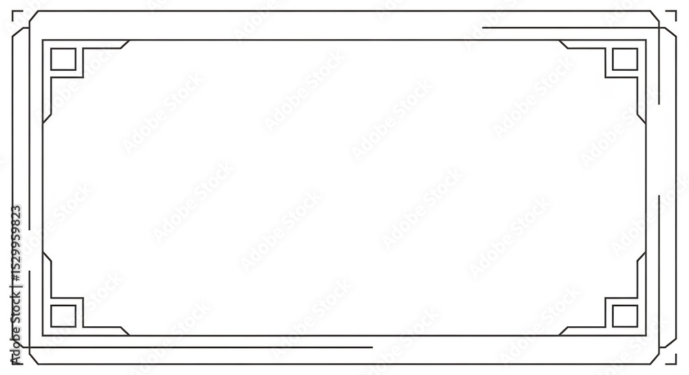 Poster modern geometric rectangular frame in black line art, featuring an art deco style. its angular corne