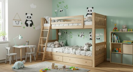 Obraz premium Child's bedroom with bunk bed and panda decor. A cozy, kid-friendly space