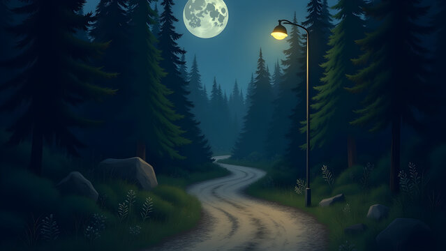 A winding dirt road leads through a forest with a full moon in the sky and a street lamp illuminating the path ahead.