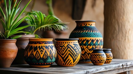 Native American pottery workshop clay shaping sun drying pots traditional geometric patterns natural dye colors photorealistic indigenous craft scene