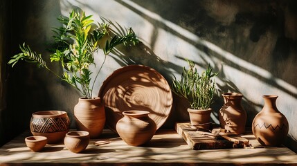Native American pottery workshop clay shaping sun drying pots traditional geometric patterns natural dye colors photorealistic indigenous craft scene