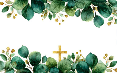 Horizontal frame with green leaves and golden cross. Hand drawn. Template for first communion, confirmation, baptism, wedding greeting cards, invitation, save the date. Copy space. Isolated