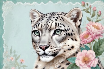 Majestic snow leopard portrait surrounded by vibrant flowers in a serene setting