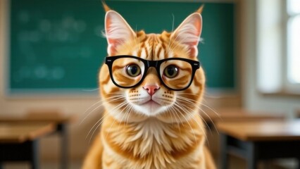 Adorable ginger cat in glasses sitting in classroom with chalkboard background