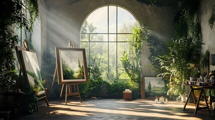 Renaissance artist studio easels unfinished paintings natural lighting from arched windows traditional clothing palette of pigments wooden furniture photorealistic cultural heritage scene