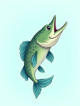 Cartoon pike fish illustration in green and blue color
