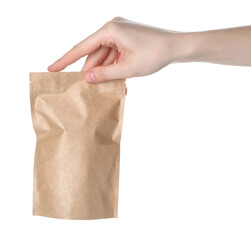 Woman with zipper stand-up pouch on white background, closeup. Mockup for design