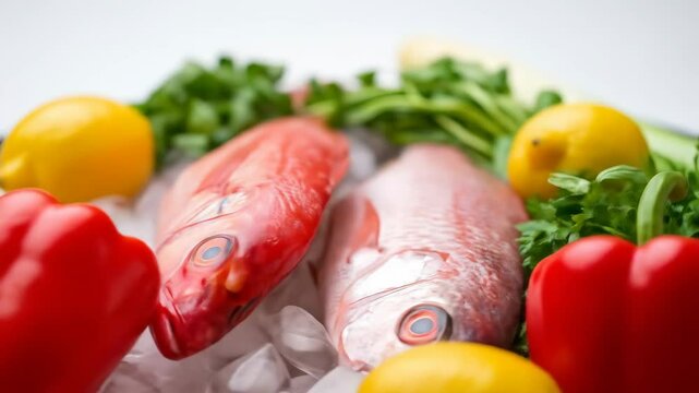 Two red snapper fish on ice with fresh lemon, parsley, and bell pepper, ready for cooking and meal preparation.