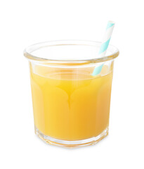 Tasty mango juice in glass with straw isolated on white