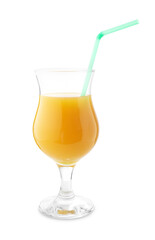 Tasty mango juice in glass with straw isolated on white
