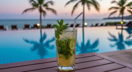 Refreshing mint lime cocktail by the pool at sunset, palm trees and tranquil ocean views