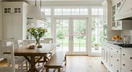 Fototapeta premium Bright, airy kitchen with a wooden dining table, chairs, and French doors leading to a garden