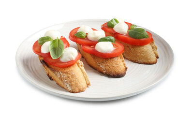 Tasty sandwiches with mozzarella cheese, tomatoes and basil on white background