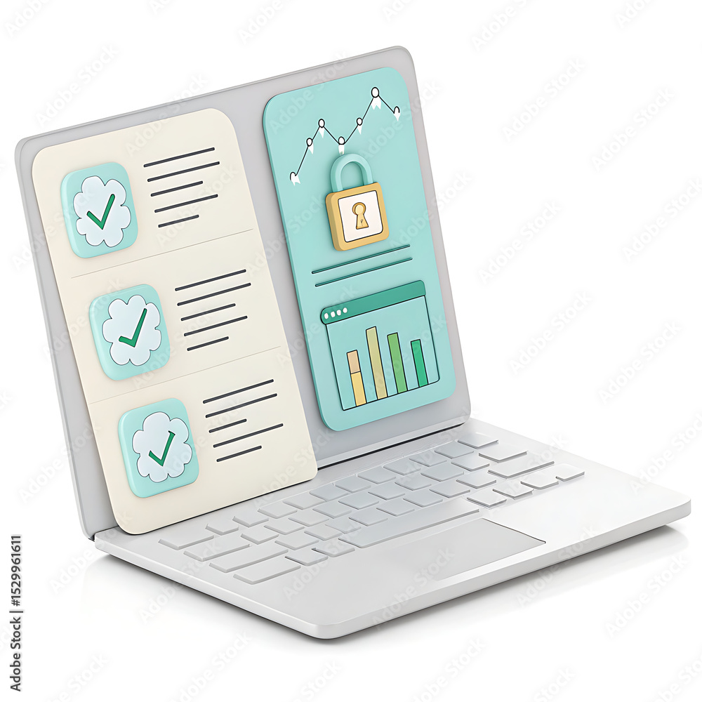 Poster laptop displaying security features with checklist, padlock, graph, and chart on a white background