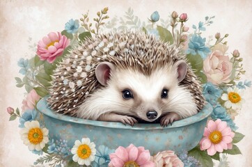 Cute hedgehog resting in a bowl surrounded by colorful flowers in a whimsical garden setting
