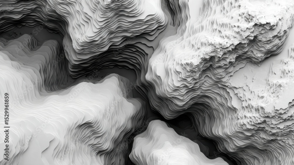 Poster the image is a black and white photo of a mountain range with a river running through it. the rocks 