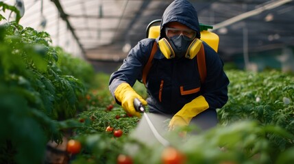 A person in protective gear working amidst farm plants.