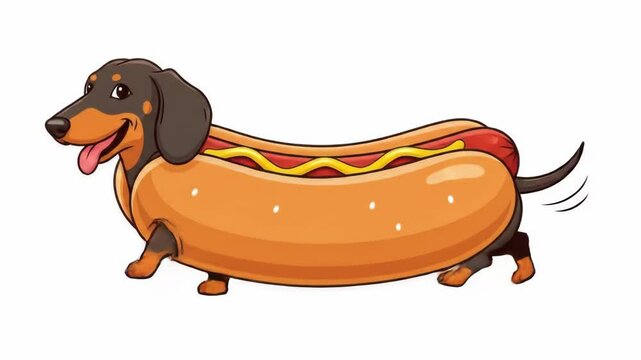Animated dachshund hotdog joyfully wagging tail in vibrant sequence