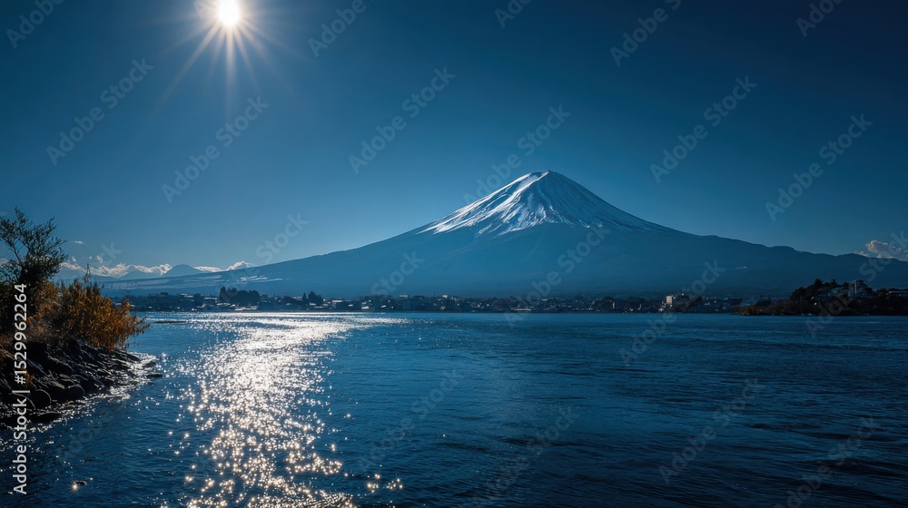 Poster a mountain range is visible in the distance with a body of water in front of it. the sky is clear an